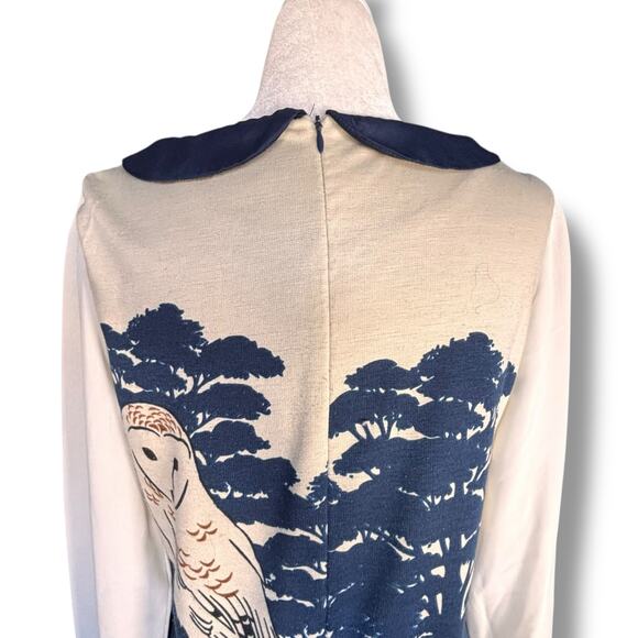 Yumi Owl Woodland Print Peter Pan Collar Dress Navy Cream Size 6/8 Forestcore - Picture 7 of 13